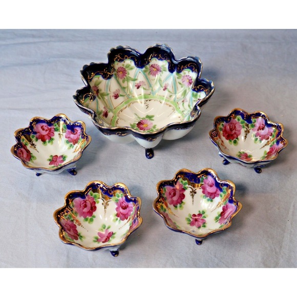 Vintage Hand Painted Porcelain Berry Bowl Set Cobalt Gold Roses Footed 5 Pc